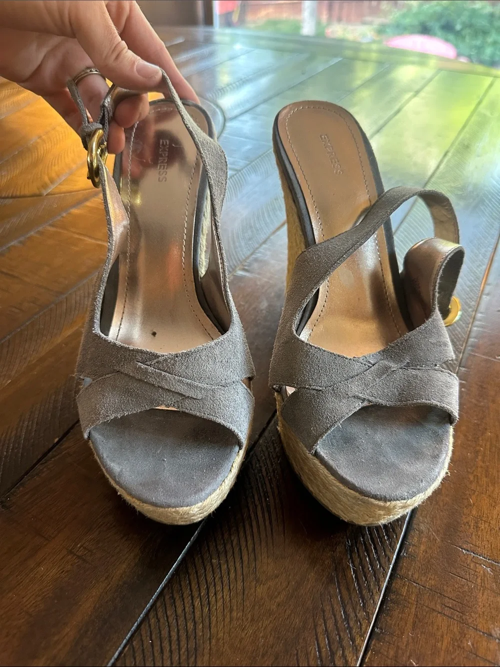 Express Gray Suede Espadrille Wedge Sandals with Gold Buckle
